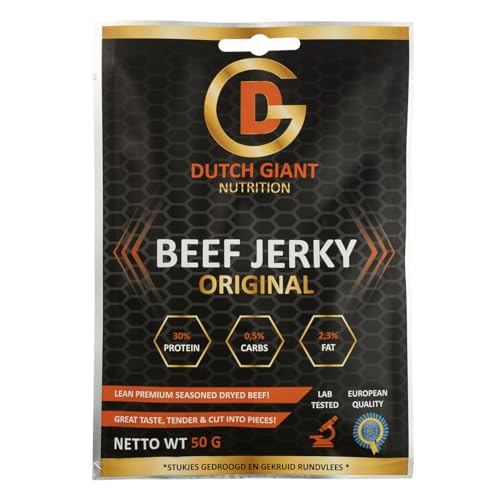 Dutch Giant Beef Jerky Original | 10 x 50 gram | Jerky Trockenfleish für menschen | Low-Carb, Hochprotein Snack | Knabberartikel | Gym Jerky 500g | Olivier Richters | Musclemeat | 100% Rindfleisch von DUTCH GIANT