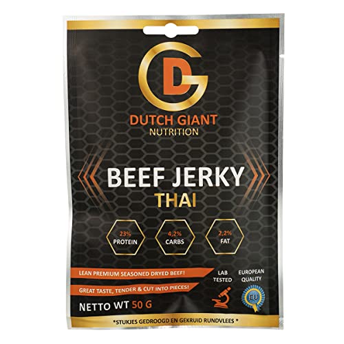 Dutch Giant Beef Jerky Thai | 10 x 50 gram | Jerky Trockenfleish für menschen | Low-Carb, Hochprotein Snack | Knabberartikel | Gym Jerky 500g | Olivier Richters | Musclemeat | 100% Rindfleisch von DUTCH GIANT