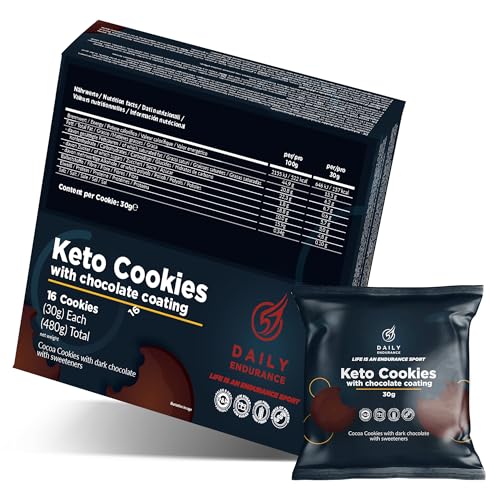 Keto Cookies Zuckerfrei - 16 Keto Kekse Ohne Zucker - Schokoüberzug - Keto Cookie - Keto Snack - Keto Low Carb Kalorienarme Ketogene Lebensmittel & Paleo - 480g - Daily Endurance von Daily Endurance