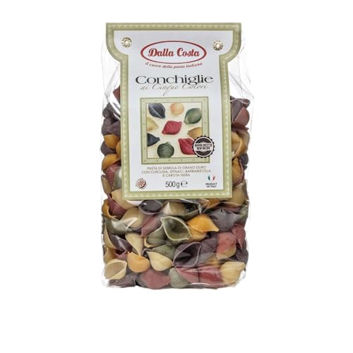 Dalla Costa Conchiglie Pasta in fünf Farben mit Kurkuma, Spinat, Rote Beete und schwarzer Karotte. Made in Italy. Sparpackung 12x500 Gramm von Dalla Costa