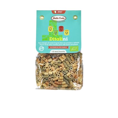 Dalla Costa Ditalini dreifarbige Pasta mit Tomaten und Spinat Bio-Kinderpasta mit Vitamin B1. Made in Italy. Sparpackung 8x200 Gramm von Dalla Costa