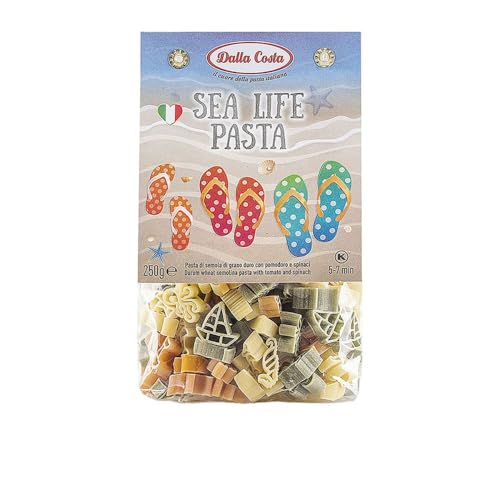 Dalla Costa Sea Life Dreifarbige Pasta Mit Tomate Und Spinat. Made in Italy. Sparpackung 24x250 Gramm von Dalla Costa