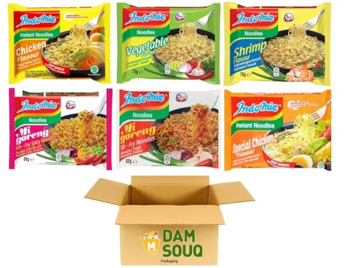 Damsouq® Instant Nudeln Nudelmischung 6 Sorten Indomie (Huhn, Special Huhn, Gemüse, Shrimp, Migoreng, Migoreng Scharf) 30x 75 Gramm) von Damsouq