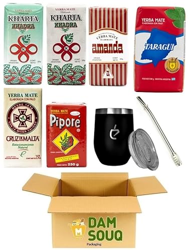 Damsouq® Mate-Tee-Mischpackung - Starterpackung - Pipori, Trgui, Amanda, Sabrosa, Kharta Weiß, Grün, Stroh und Tasse (6x 250GR) von Damsouq