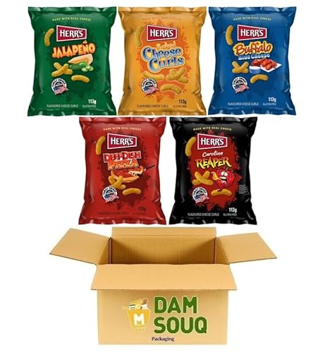 Damsouq® Mischpaket Herr's Chips Cheese Curls, Jalapeno, Büffel, Pizza, Carolina Reaper (5x 113 Gramm) von Damsouq