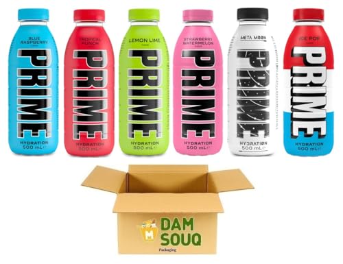 Damsouq® PRIME Hydration Drink Flasche Mischpackung 6 Typen (Blue raspberry, ice pop, lemon lime, meta moon, strawberry watermelon, tropical punch) (6x500ML) (GB/UK) von Damsouq