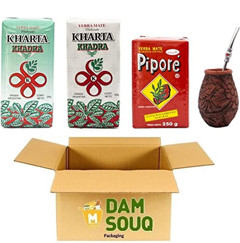 Damsouq® Yerba Mate Tee Mix Packung Starter Pack Pipori, Kharta Weiß, Kharta Grün, Strohhalm und Becher (3x 250 GR) von Damsouq