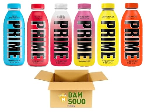 PRIME Hydration Drink Flasche Mix Pack 6 Sorten (Blaue Himbeere, Tropical Punch, Cherry Freeze, Erdbeer Banane, Limonade, Orange) (UK) (6x500ML) von Damsouq
