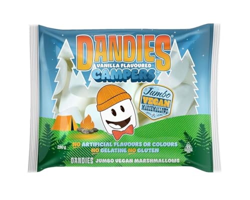 Dandies Campers Marshmallows, 280g vegane jumbo Marshmallows mit Vanillegeschmack, extra große weiße Marshmallows ohne künstliche Aromen, ohne Gelatine, glutenfrei und vegan, frei von Allergenen von Dandies