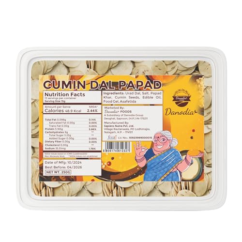 Danodia Foods Cumin Dal Papad/Cracker 250g | Crispy, Low Fat & Gluten-Free | No Preservatives | Authentic Indian Taste | Deep Fry, Air Fry, Microwave | Made in Herbal Certified Food Facility von Danodia Foods