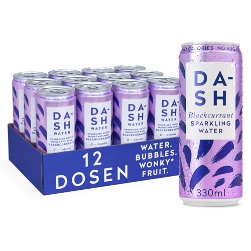 DASH WATER Schwarze Johannisbeere - 12 x prickelndes Quellwasser mit Johannisbeergeschmack - KEIN Zucker, KEIN Süßstoff, KEINE Kalorien - Angereichert mit krummen Früchten (12 x 330ml Dosen) von Dash Water