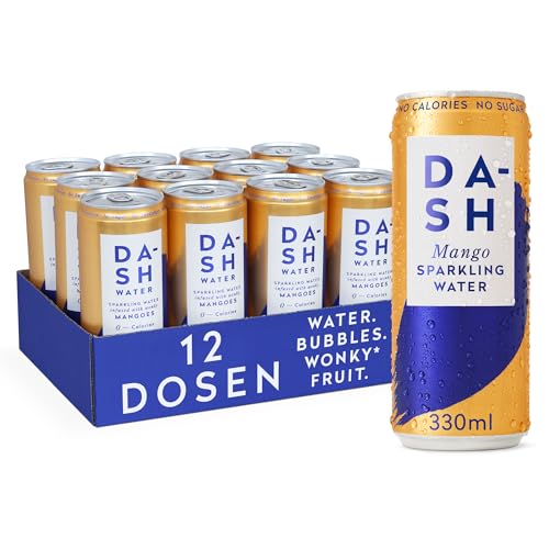 Dash Water Mango – 12 x Sprudelwasser mit Mangogeschmack – kein Zucker, kein Süßungsmittel, keine Kalorien – angereichert mit wonky Fruit (12 x 330 ml Dosen) von Dash Water