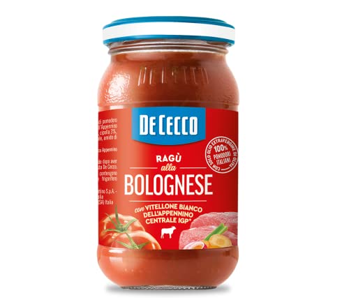 De Cecco Ragù alla Bolognese con Vitellone Bianco dell’Appenino Centrale IGP Sauce mit weißem Rindfleisch aus dem zentralen Apennin IGP mit 100% italienischen Tomaten 190g von De Cecco