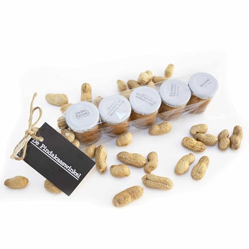 De Pindakaaswinkel Erdnussbutter Minis Geschenkpack - Naturell, Dattel-Zimt, Weiße Schokolade; Karamell-Meersalz, Chili-Pfeffer-Zitronengras, (5 x 40ml) von De Pindakaaswinkel