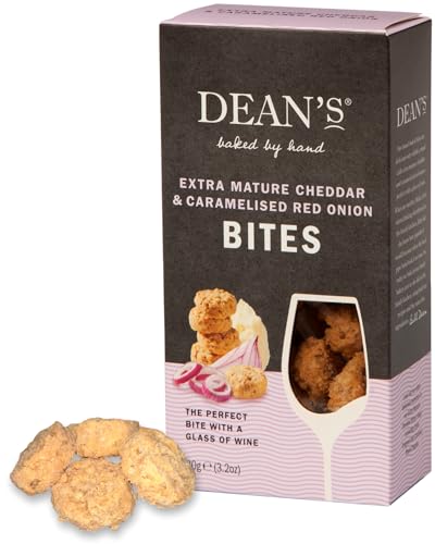 Dean's Extra Mature Cheddar&Caramelized Onion Bites, 100g - Handgebackene Haferknabbereien mit intensiv-würzigem Cheddar und karamelisierten Zwiebeln von Dean's