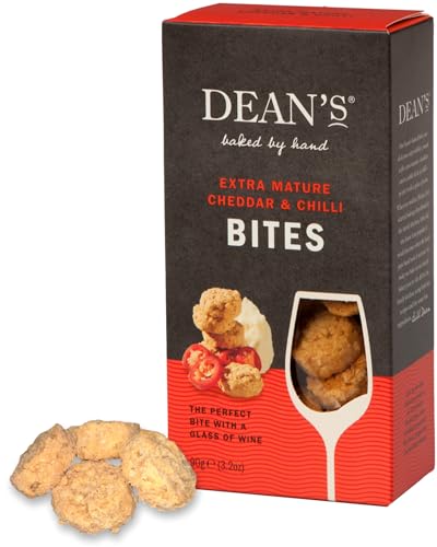 Dean's Extra Mature Cheddar&Chilli Bites, 90g - Handgebackene Haferknabbereien mit intensiv-würzigem Cheddar und feurigen Chillis, Perfekt zu gutem Wein von Dean's