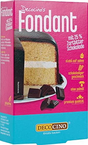 DECOCINO Fondant Schoko mit 25% Zartbitter-Schokolade ohne Palmöl, reißfest & stabil auf Sahne –ideale Backdeko zum Dekorieren von Kuchen & Torten von DECOCINO