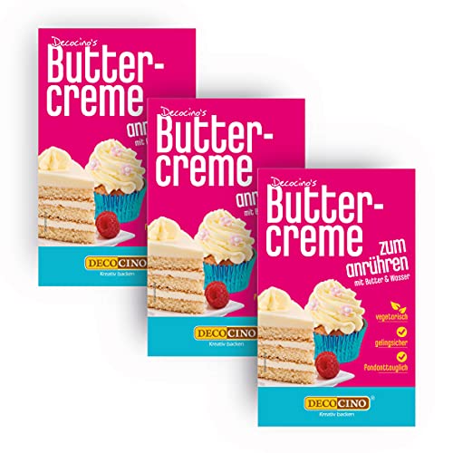 DECOCINO Buttercreme Fertigmischung (3er Set – 3x 250g), zum Einstreichen, Füllen und Garnieren, ideal für Cupcakes, Creme- und Fondant-Torten von DECOCINO
