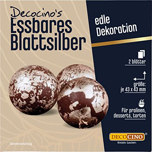 Decocino essbares Blattsilber - 2 Blätter, 43x43 mm - feines Blatt-Silber zum Veredeln & Dekorieren von Pralinen, Trüffel, Torten, Kuchen Desserts von DECOCINO