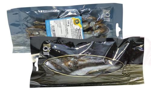 Capelin, Moiva mit Kopf, getrocknet und gesalzen, Trockenfisch (3 x 100g Pack) von Dedukas