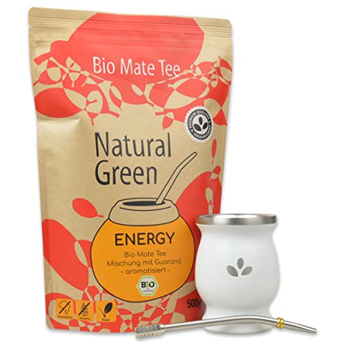 DELICATINO - Mate Set Natural Green Edelstahl - Mate Tee 500g + Mate Becher weiß + Trinkhalm Hexagonal 17cm (Energy) von Delicatino