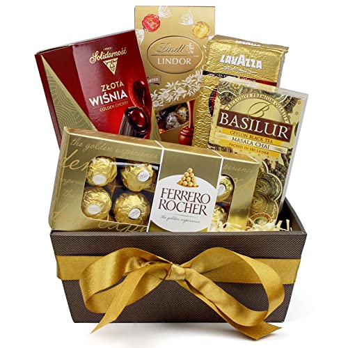 Geschenk Set Golden Kollektion - 5 verschiedene Produkte - 3 Schokoladenbox, exklusive Kaffee Lavazza und Ceylon-Schwarztee Basilur - Ferrero Rocher - Frau - Mann von Delim