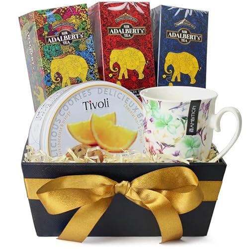 Tee Geschenkset besteht aus 5 verschiedenen Produkten, 3 Sorten Tee, Kekse mit Orangengeschmack und Teetasse, Frau, Mann von Delim