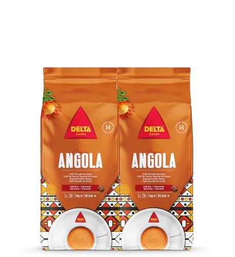 Delta Cafés - Kaffeebohnen Angola - 2 Pakete à 1 Kg - Intensität 14 - Mischung aus Arabica- und Robusta-Bohnen - Natürliche Röstung - Sehr aromatisch mit Noten von Vanille und gebranntem Zucker von Delta Cafés