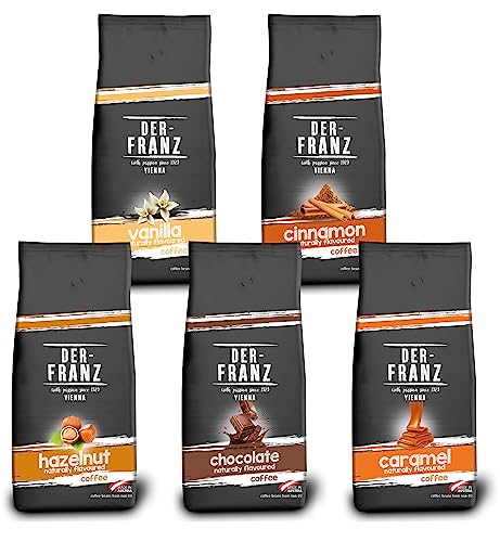 Der-Franz Flavour Coffee Bundle - 1x Haselnuss, 1x Karamell, 1x Vanille, 1x Schokolade, 1x Zimt, Ganze Bohne, 5 x 1000g von Der-Franz