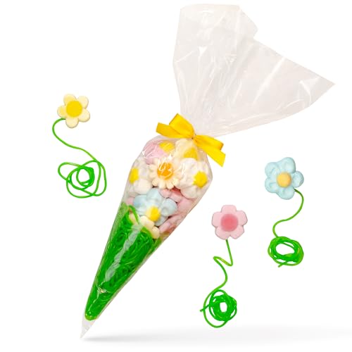 Blumenstrauß in der Tüte – leckere Fruchtgummi-Schnüre, Marshmallow-Blumen und Fruchtgummi-Blumen in der Süßigkeiten-Tüte, schönes Geschenk von Der Zuckerbäcker