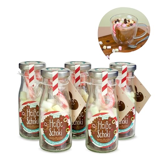 DIY Heisse Schoki 5er Set – Geschenk-Flasche gefüllt mit Zartbitter-Schokodrops, Mini-Marshmallows und Zuckerstange von Der Zuckerbäcker