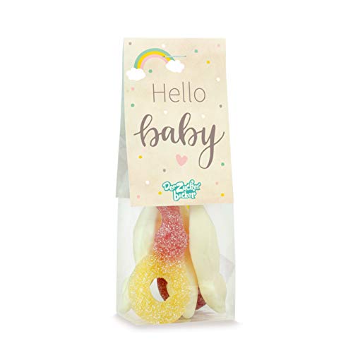 Hello Baby – süßer Naschbeutel mit Schaumzuckermäusen und sauren Schnullern, tolle Geschenk-Idee von Der Zuckerbäcker