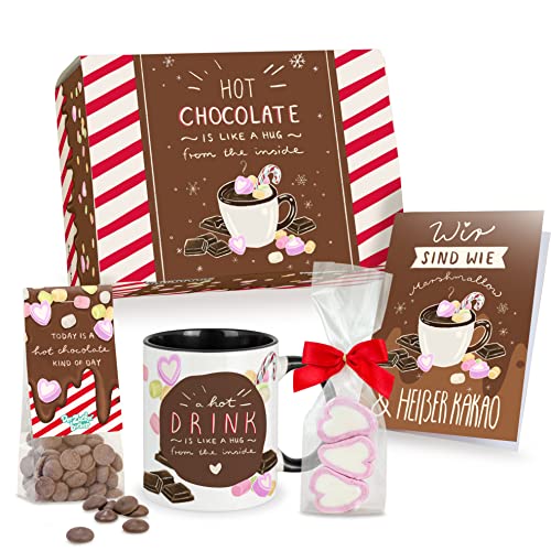 Hot Chocolate Geschenkbox – süße Geschenkbox mit Trink-Schokolade, Marshmallow-Herzen, Tasse und Karte von Der Zuckerbäcker