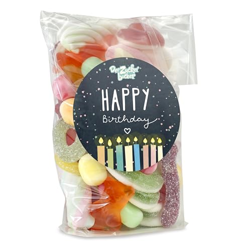 Kleiner Nachfüllbeutel Happy Birthday – bunte Süßigkeiten-Mischung als Geburtstags-Geschenk mit Fruchtgummi, Kaubonbon und Marshmallow von Der Zuckerbäcker