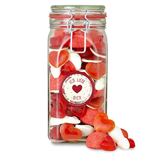 Liebesglas, ein großes Bügelglas voller Liebe - rot-weißer Süßigkeiten-Mix aus Fruchtgummi und Schaumzucker, süßes Geschenk zum Jahrestag und Valentinstag für Deine(n) Liebsten von Der Zuckerbäcker