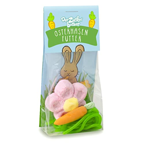 Osterhasen-Futter – süßer Naschbeutel mit Fruchtgummi, Zucker-Mohrrübe und Marshmallow-Blume, tolles Oster-Geschenk von Der Zuckerbäcker