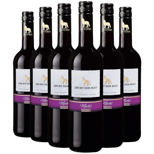 Wolfenweiler Merlot Rotwein trocken - Qualitätswein mit feiner Waldbeerenaromatik und sanftem Schmelz, aus Baden Markgräflerland (6 x 0,75 L) von Der mit dem Wolf