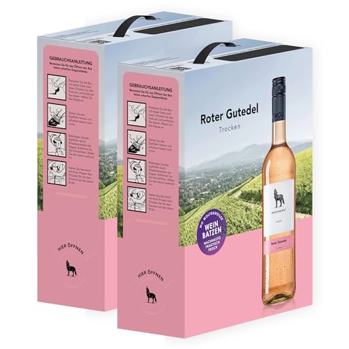 Wolfenweiler Wein-Box Roséwein trocken - Roter Gutedel 3 Liter - Rosé spritzig mit dezentem Mandelton, deutscher Qualitätswein aus Baden (2 x 3,0 l Bag-in-Box) von Der mit dem Wolf