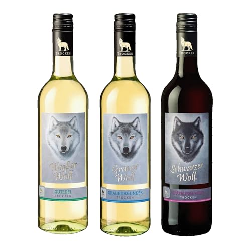 Wolfenweiler Wein-Paket Wölfe - Grauburgunder, Spätburgunder & Gutedel trocken intensiv vollmundig - ideal als Geschenk, Weiß - und Rotwein Set aus Baden (3 x 0,75l) von Der mit dem Wolf