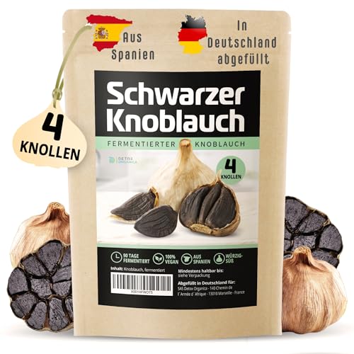 Schwarzer Knoblauch, 4 Knollen fermentierter Knoblauch aus Spanien, 90 Tage fermentiert, große ganze Knollen, Frischer Black Garlic würzig-süß und vielseitig von Detox Organica