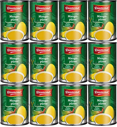 [ 12x 850g ] DIAMOND Mango Püree Alphonso / Mango Pulp / Mangopüree + ein kleines Glückspüppchen - Holzpüppchen von Diamond