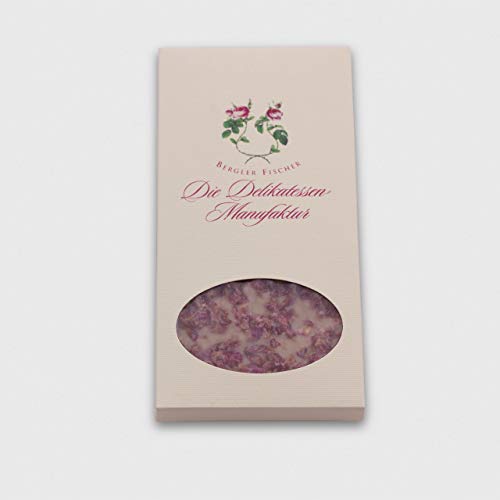 Rosenschokolade Blond | französische Tafelschokolade mit gezuckerten Rosenblättern | Valrhona Dulcey 110g von Die Delikatessen Manufaktur Bergler-Fischer