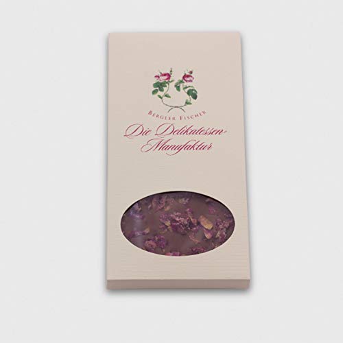 Rosenschokolade Milchschokolade | französische Tafelschokolade mit gezuckerten Rosenblättern | Valrhona Bahibe 110g von Die Delikatessen Manufaktur Bergler-Fischer
