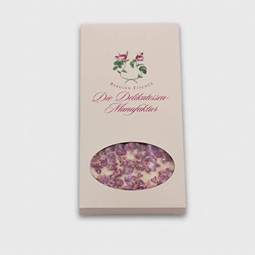 Rosenschokolade Weiß | französische Tafelschokolade mit gezuckerten Rosenblättern | Valrhona Ivoire 110g von Die Delikatessen Manufaktur Bergler-Fischer