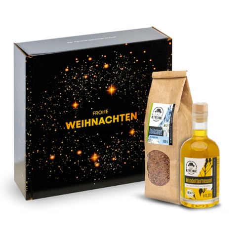 DIE ÖLFREUNDE Weihnachtsbox „Bio Sternenwirbel“ 2x Bioprodukte |1 kaltgepresstes Leindotteröl |hochwertige Leinsaat |nachhaltig|Geschenkidee für Weihnachten von Die Ölfreunde