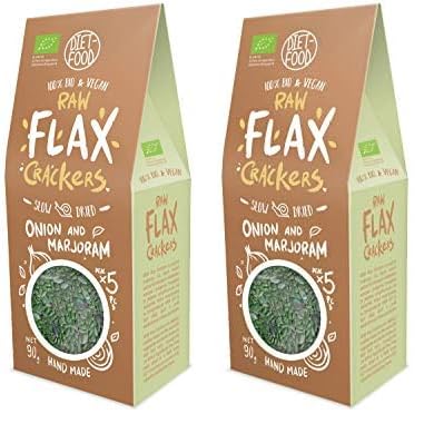 DIET-FOOD Bio Flax Crackers mit Zwiebeln und Majoran Vegan Ohne Konservierungsstoffe Ohne Palmöl Perfekte Snack für Kinder und Erwachsene für den Tag Unterwegs bei der Arbeit 90 g (Packung mit 2) von Diet-Food