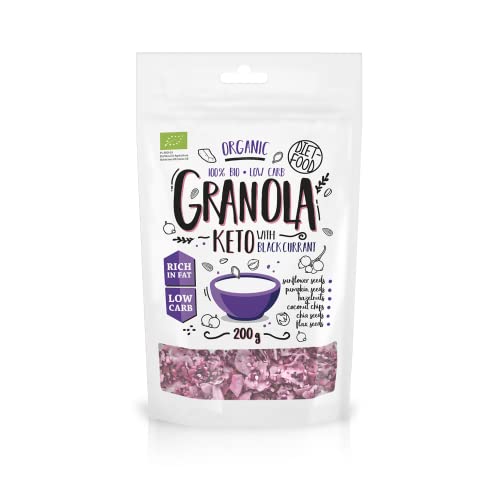 DIET-FOOD Bio Keto Granola mit Schwarzer Johannisbeere Fettreiches Glutenfreies Granola Frühstück Müsli Low Carb Non-GMO Snack Ohne Zuckerzusatz 200g 1er Pack von Diet-Food