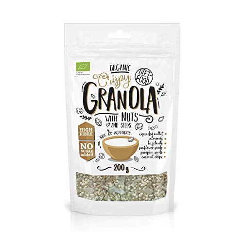 DIET-FOOD Nuts Granola Bio Knuspermüsli mit Nüssen und Samen Ballaststoffreiches Glutenfreies Granola Frühstück Müsli Low Carb Non-GMO Snack ohne Zuckerzusatz 200g 1er Pack von Diet-Food