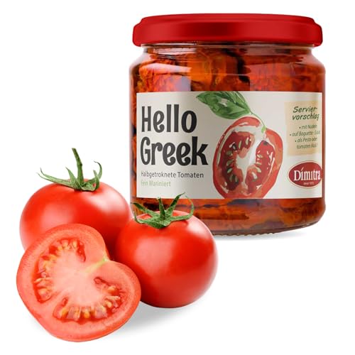 Hello Greek Dimitra Sonnengetrocknete Tomaten (350 G) – Mariniert in Öl Mit Griechischen Kräutern, Vegan – Ideal Für Pizza, Pasta, Salate Und Sandwiches von Dimitra