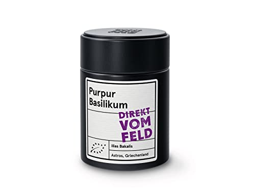 Direkt vom Feld® Purpur Basilikum | Ein Erlebnis für Auge und Gaumen | aus den Bergen des Peloponnes | BIO, gerebelt | 25g inkl. Gewürzdose von Direkt vom Feld